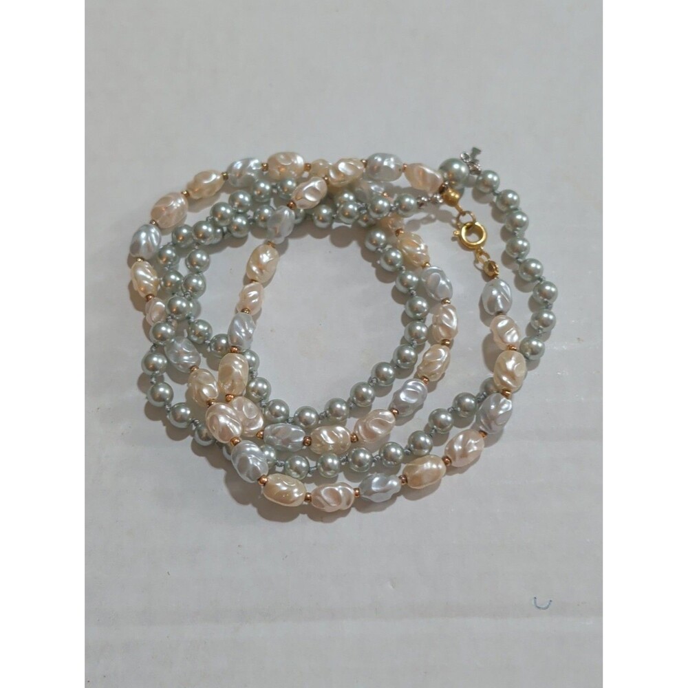 Vintage Faux Pearl Strand Necklace Lot of 2 - Hand Knotted Grey & Cream